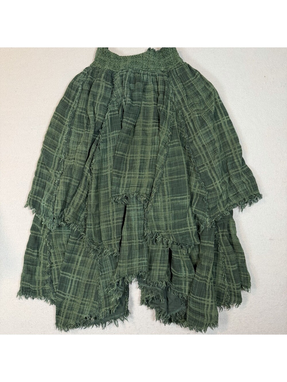 FP One Free People Averie Green Plaid Raw Edge Asymmetrical Flowy Maxi Skirt XS